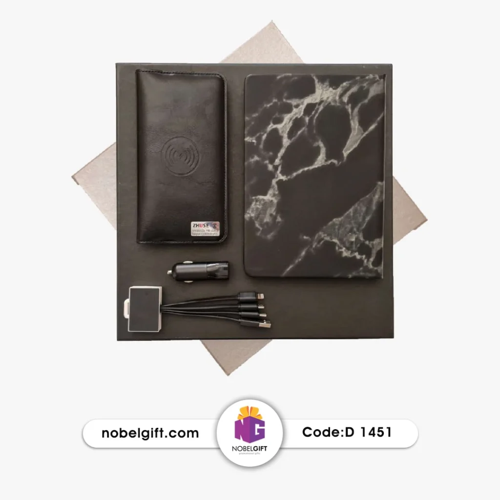ست مدیریتی پاوربانک چرمی سررسید تبلیغاتی کابل چندمنظوره شارژر فندکی