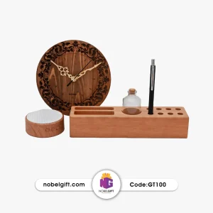 ست 5 تکه اداری ساعت دیواری کوچک، جامدادی چوبی، اسپیکر چوبی، گلدان شیشه‌ای و خودکار فلزی