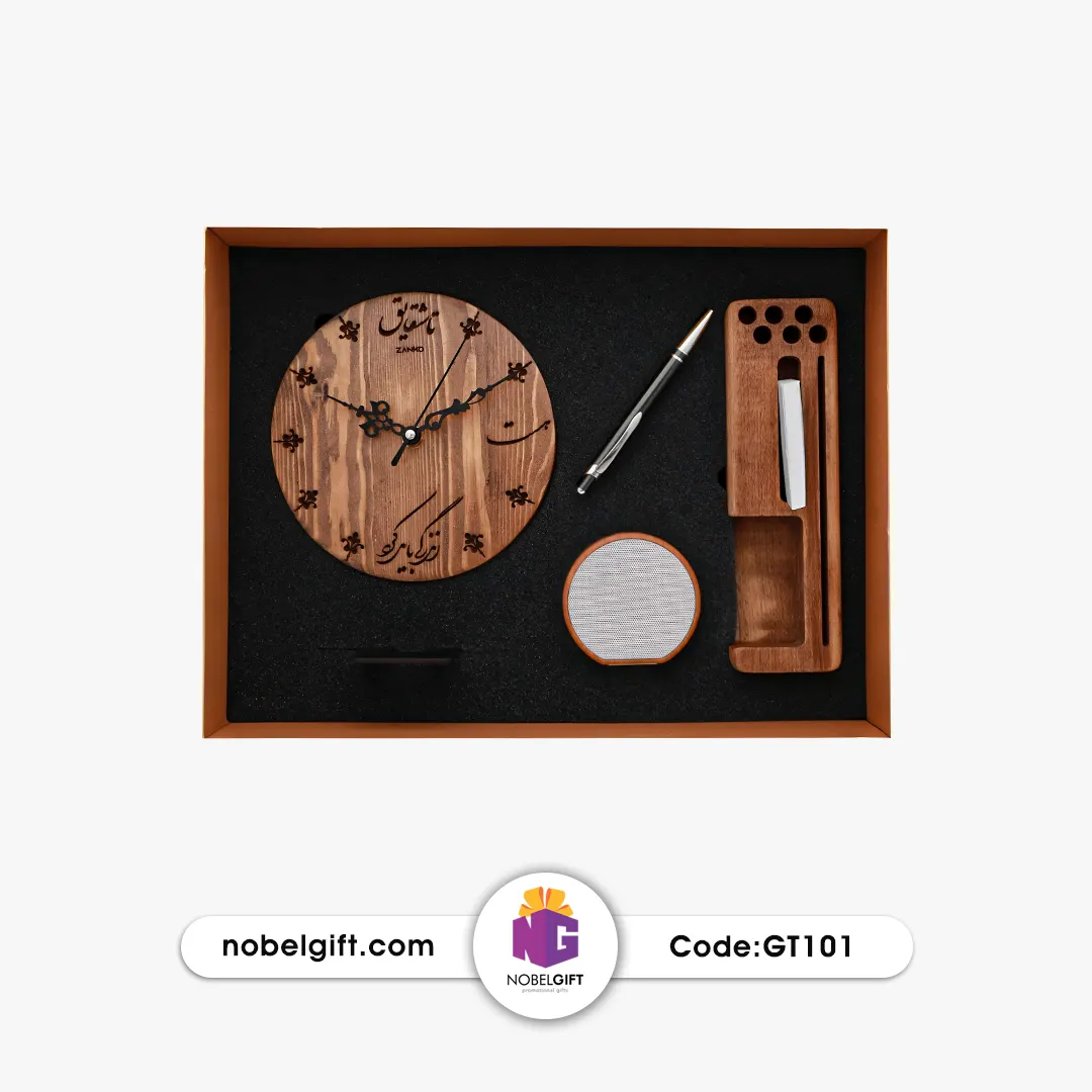 ست 4 تکه اداری ساعت دیواری کوچک، جامدادی چوبی، اسپیکر چوبی و خودکار فلزی