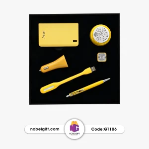 ست 6 تکه مدل GT106 شامل پاوربانک تبلیغاتی، اسپیکر استوانهای، شارژر فندکی، شارژ، خودکار، LED و جعبه مخصوص