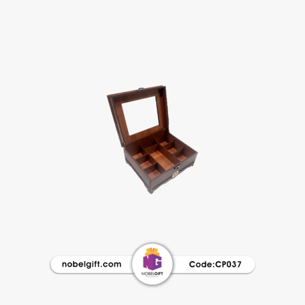 جعبه دمنوش چوبی سه‌ستونه طلق‌دار CP037