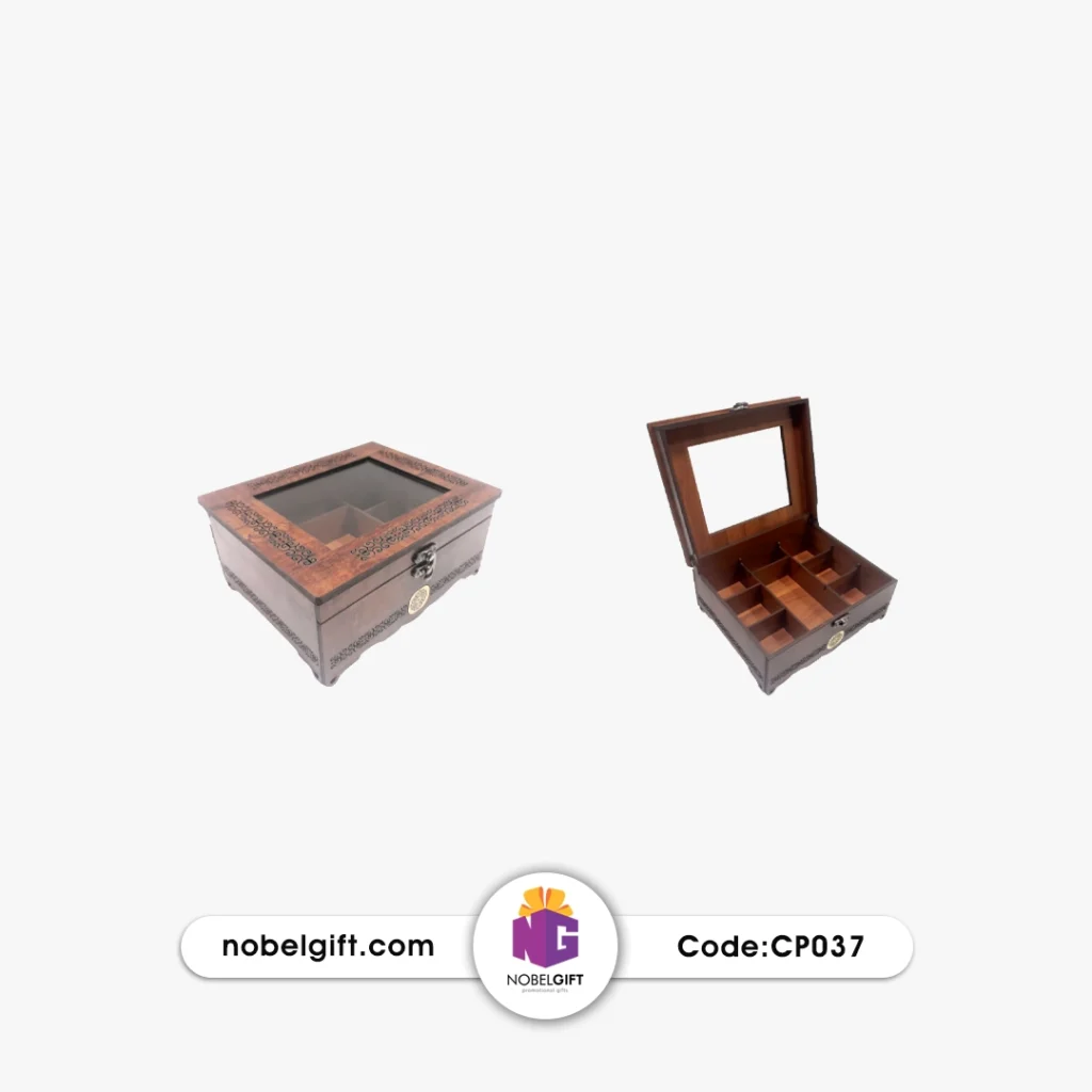 جعبه دمنوش چوبی سه‌ستونه طلق‌دار CP037
