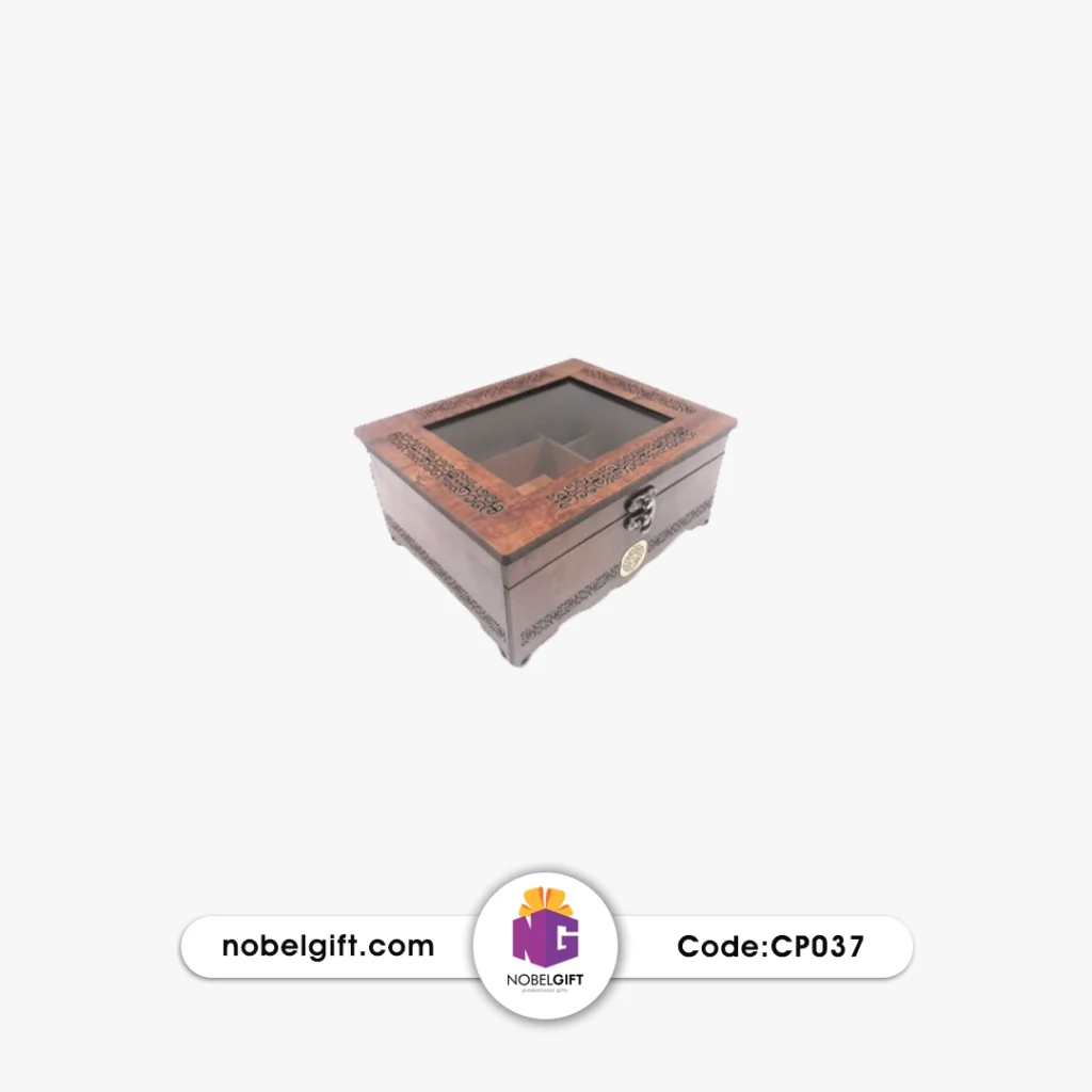 جعبه دمنوش چوبی سه‌ستونه طلق‌دار CP037
