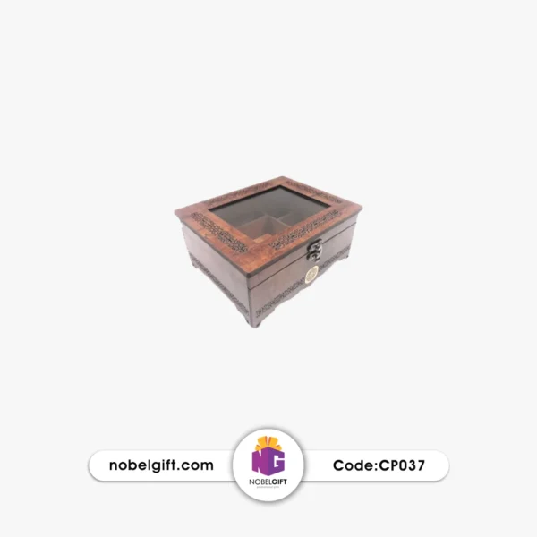 جعبه دمنوش چوبی سه‌ستونه طلق‌دار CP037