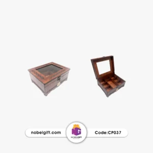 جعبه دمنوش چوبی سه‌ستونه طلق‌دار CP037