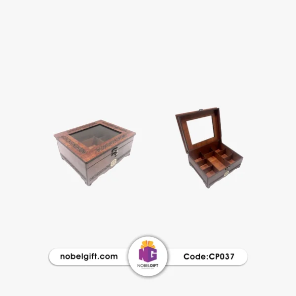 جعبه دمنوش چوبی سه‌ستونه طلق‌دار CP037