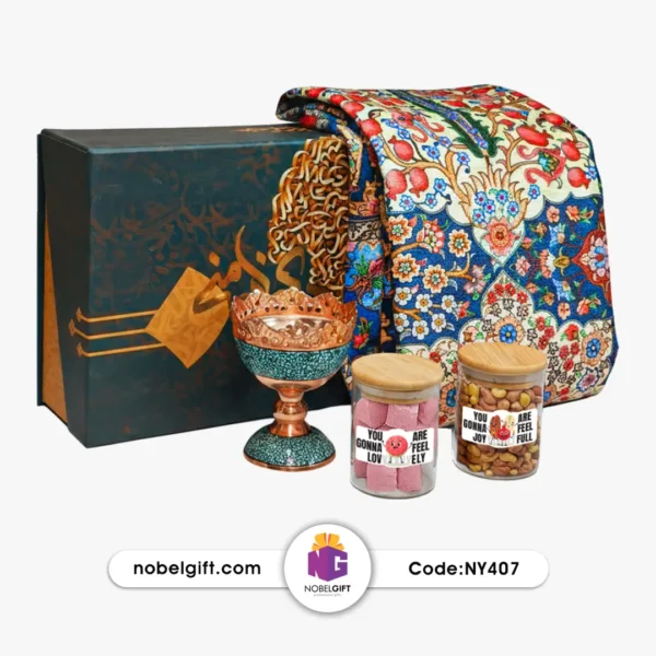NY407 ست هدیه آجیلخوری فیروزهکوب، رومیزی سنتی و تنقلات یلدایی کد NY407