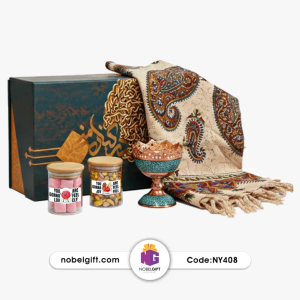 NY408 ست هدیه آجیلخوری فیروزهکوب، شال ترمه بته جقه و تنقلات یلدایی کد NY408