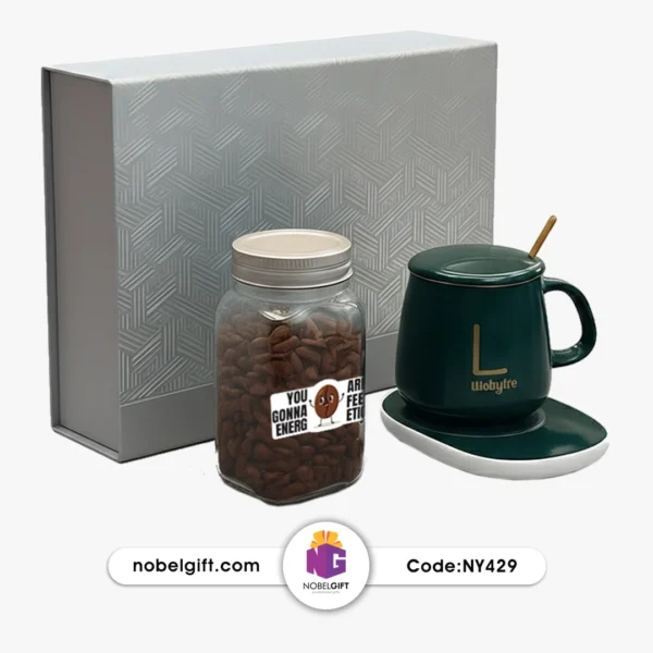 NY429 هدیه تبلیغاتی NY429، نمایش شیشه قهوه با برچسب انگیزشی و ماگ هیتر.