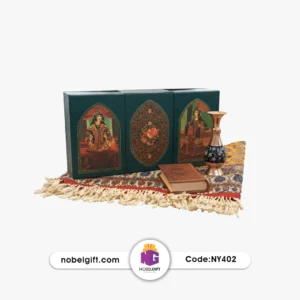 نمای کامل ست هدیه صنایع دستی با گلدان میناکاری ۱۶ سانت و سفره قلم‌کار اصفهان