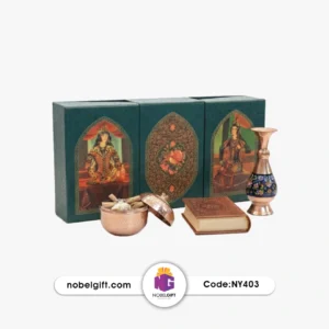 ست هدیه قندان طرح انار مسی درب‌دار و گلدان میناکاری ۱۶ سانت کد NY403