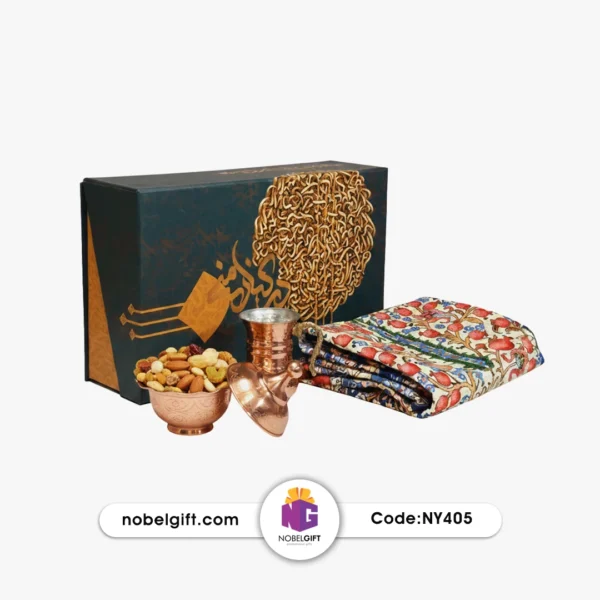 ny405 ظروف مسی چکشی (قندان و جام) و رومیزی سنتی طرح انار ست NY405