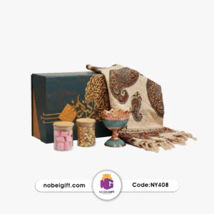 ست هدیه آجیل‌خوری فیروزه‌کوب، شال ترمه بته جقه و تنقلات یلدایی کد NY408