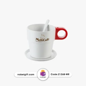 ماگ پلاستیکی تبلیغاتی سفید/قرمز با زیرلیوانی و قاشق ست کد Z126B-WR