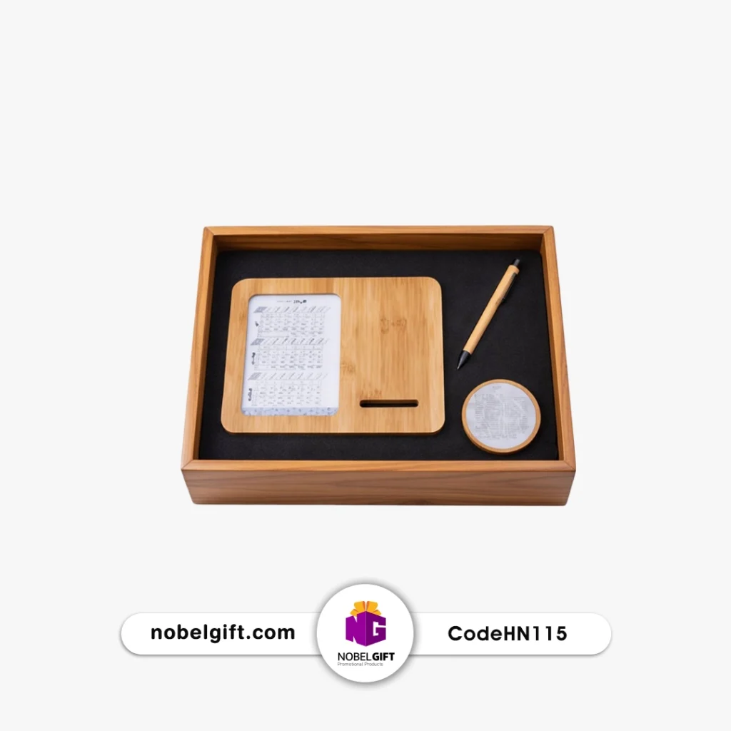 ست هدیه تبلیغاتی تقویم رومیزی بامبو با خودکار و نشانگر کد HN115