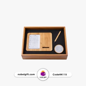 ست هدیه تبلیغاتی تقویم رومیزی بامبو با خودکار و نشانگر کد HN115
