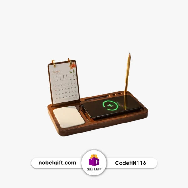 ست هدیه تبلیغاتی شارژر وایرلس با تقویم رومیزی و خودکار کد HN116