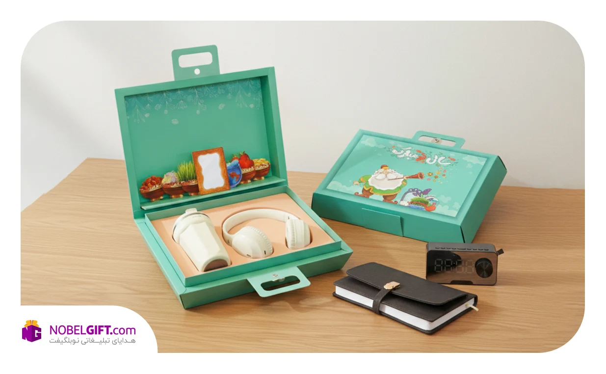 پک هدیه نوروزی شامل هدفون، ماگ، سررسید و ساعت